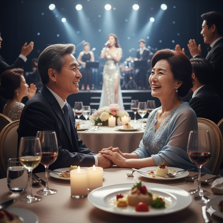 부모님이 디너쇼를 보며 미소 짓는 듯한 따뜻한 이미지
