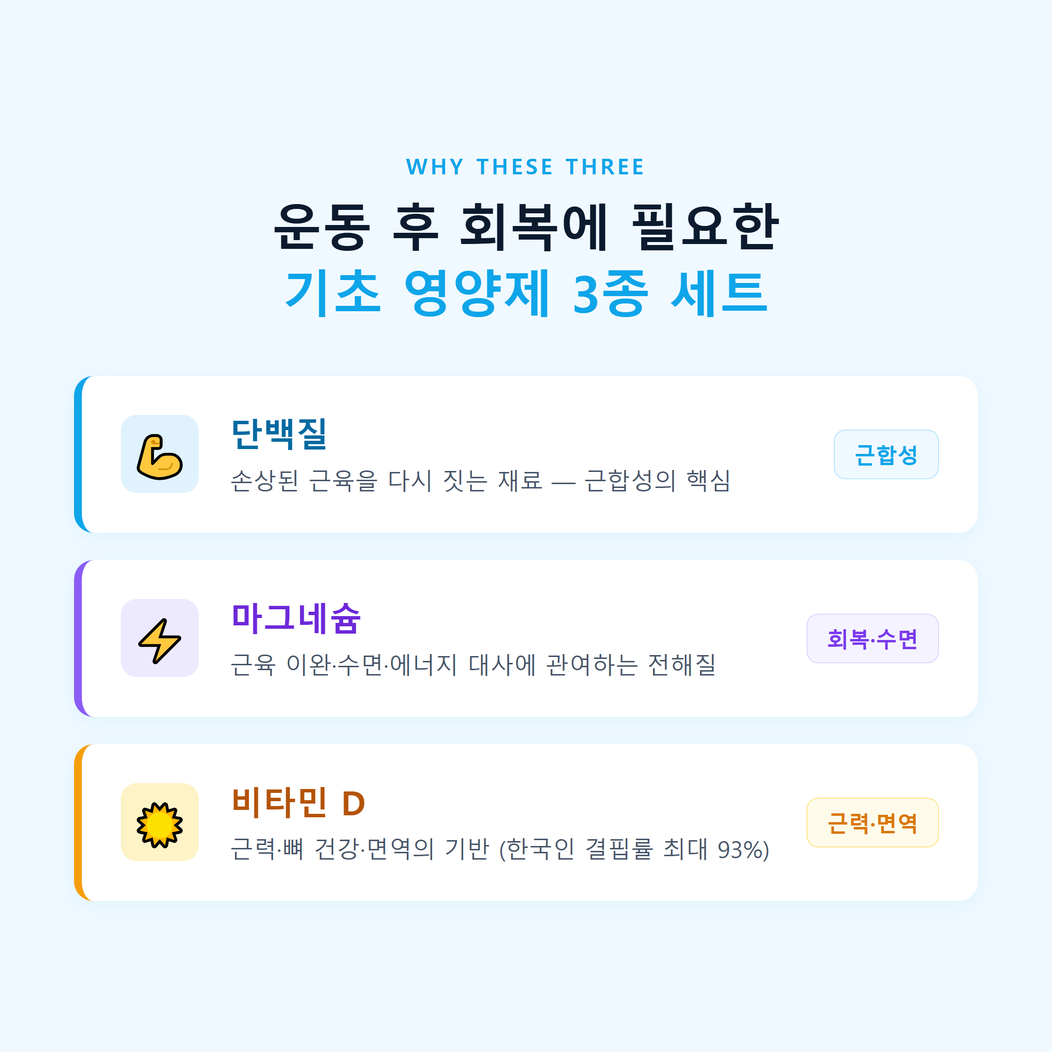 운동 후 회복에 필요한 기초 영양제 3종 세트 &mdash; 단백질&middot;마그네슘&middot;비타민D 역할 한눈에 보기