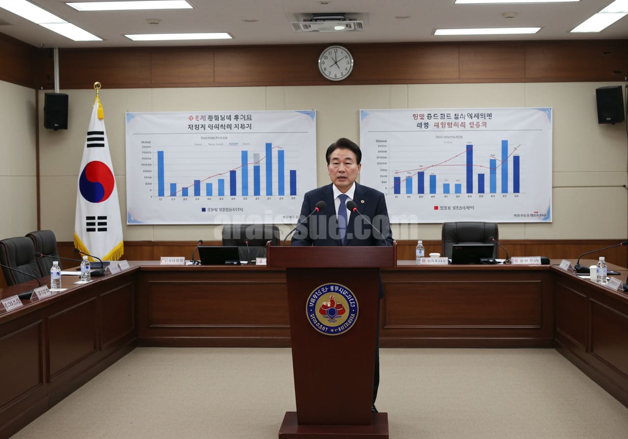 보건복지부 관계자가 건강보험료율 동결과 재정 운영 계획에 대해 발표하는 공식 브리핑 장면. 차트와 자료가 보이는 회의실 배경에 정부 관계자들과 취재진이 자리한 공식적인 정책 설명 환경.