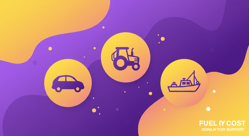 경차, 농업용 트랙터, 어선 아이콘이 퍼플-옐로우 배경에 역동적으로 배치된 이미지로, 유류비 지원 혜택을 시각적으로 표현.