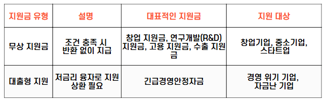 중소기업 정부지원금 유형 정리 표. 무상 지원금(창업&middot;R&amp;D&middot;고용&middot;수출 지원금)과 대출형 지원금(긴급경영안정자금)으로 구분됨