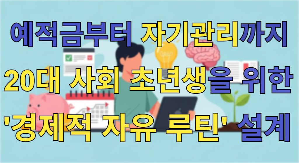 경제적 자유를 향한 길을 상징하는 돼지 저금통, 달력, 성장하는 새싹, 그리고 자기계발을 의미하는 전구 아이콘이 있는 일러스트레이션