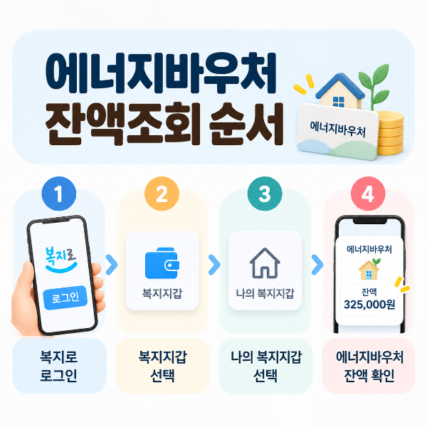 복지로 로그인 후 복지지갑, 나의 복지지갑 순서로 이동해 에너지바우처 잔액을 확인하는 방법을 안내하는 이미지