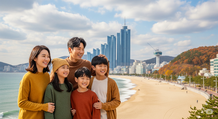 부산 해운대를 배경으로 행복한 추억을 남기기 위해 사진을 찍고 있는 가족