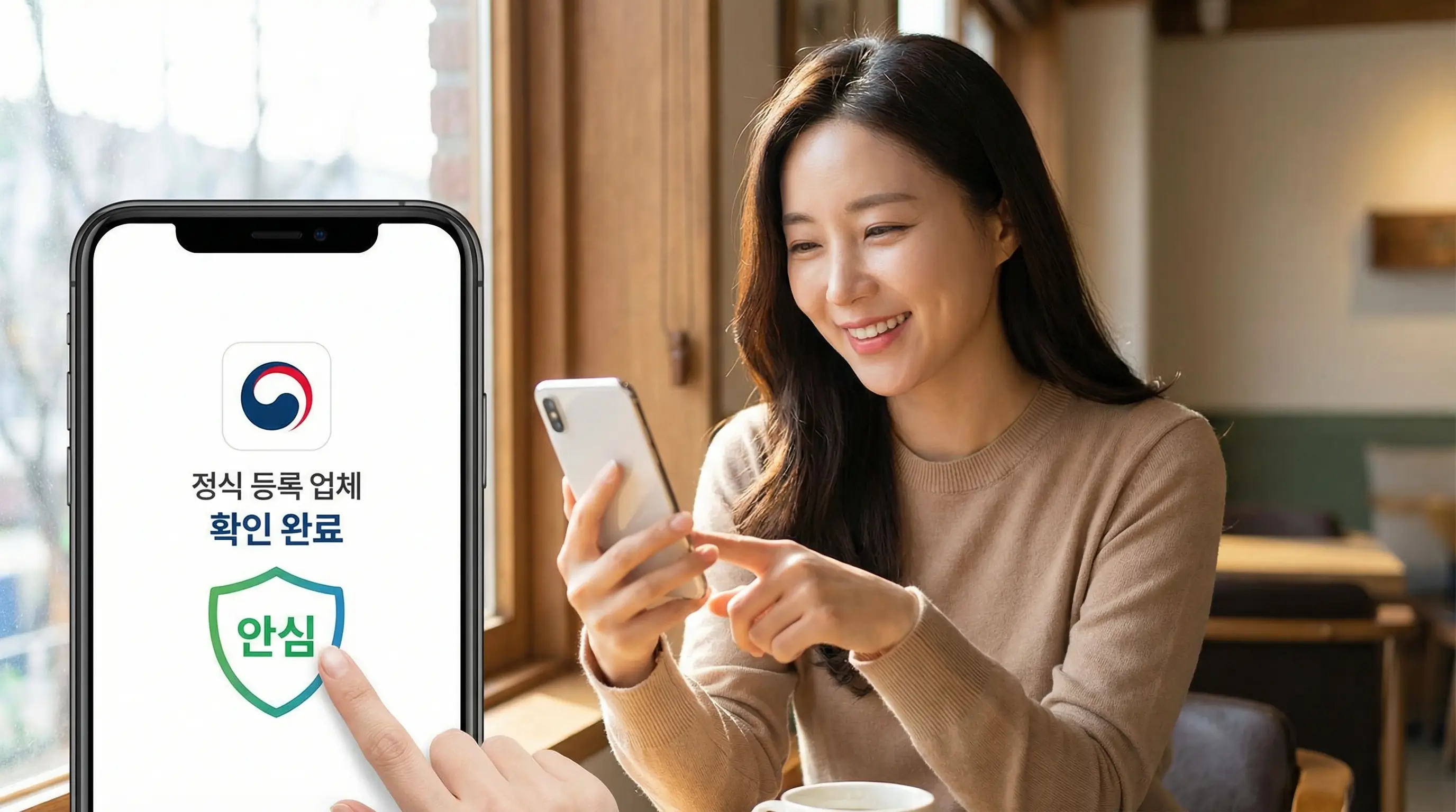 스마트폰으로 안전한 정식 등록 업체를 확인하고 안심하며 미소 짓는 사용자의 모습