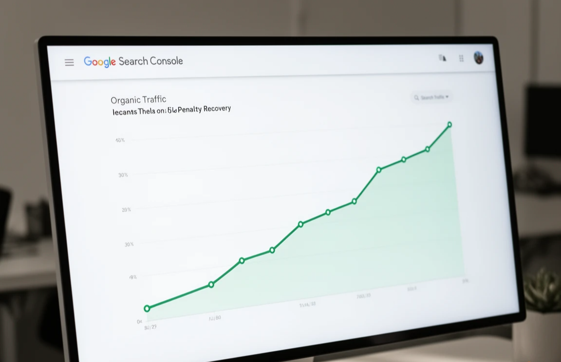 구글 서치 콘솔(Google Search Console)의 검색 실적 수치가 서서히 회복되는 실제 우상향 그래프 화면.