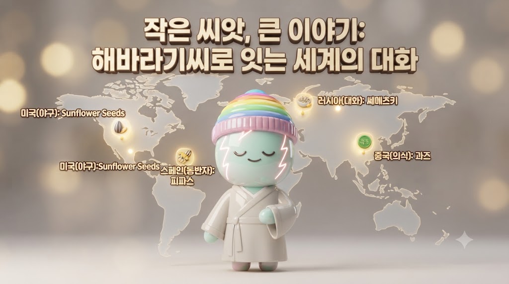 쫀쿠가 아름다운 세계 지도 앞에서 전 세계의 해바라기씨 문화를 존중하는 모습입니다. 기존의 평면적인 지도 대신, 러시아의 '쎄메츠키', 중국의 '과즈', 스페인의 '피파스' 등 각 문화의 철학을 상징하는 아이콘들이 입체적으로 연결되어 있습니다. 중앙의 3D 쫀쿠는 이 모든 다양성을 포용한다는 의미로 합장하고 있으며, 배경에는 '함께 있음'을 상징하는 따뜻한 빛이 퍼집니다.