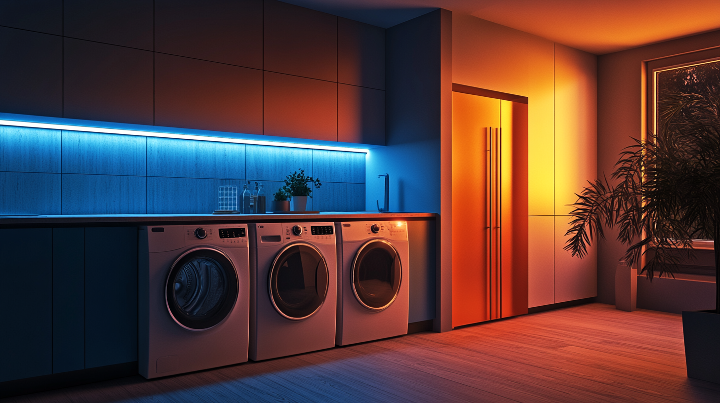 다양한 색상의 삼성 WD25DBBZF24C가 현대적인 주방 또는 세탁실의 세련된 인테리어와 조화를 이루는 장면. 디자인 미학을 강조한 조명을 통해 멋진 주방 공간을 더욱 돋보이게 합니다.