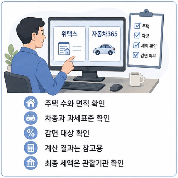취등록세 계산 시 부동산은 위택스, 자동차는 자동차365를 활용하고 감면조건과 과세표준을 확인한 뒤 실제 신고세액을 관할기관에서 다시 확인해야 함을 보여 주는 그림