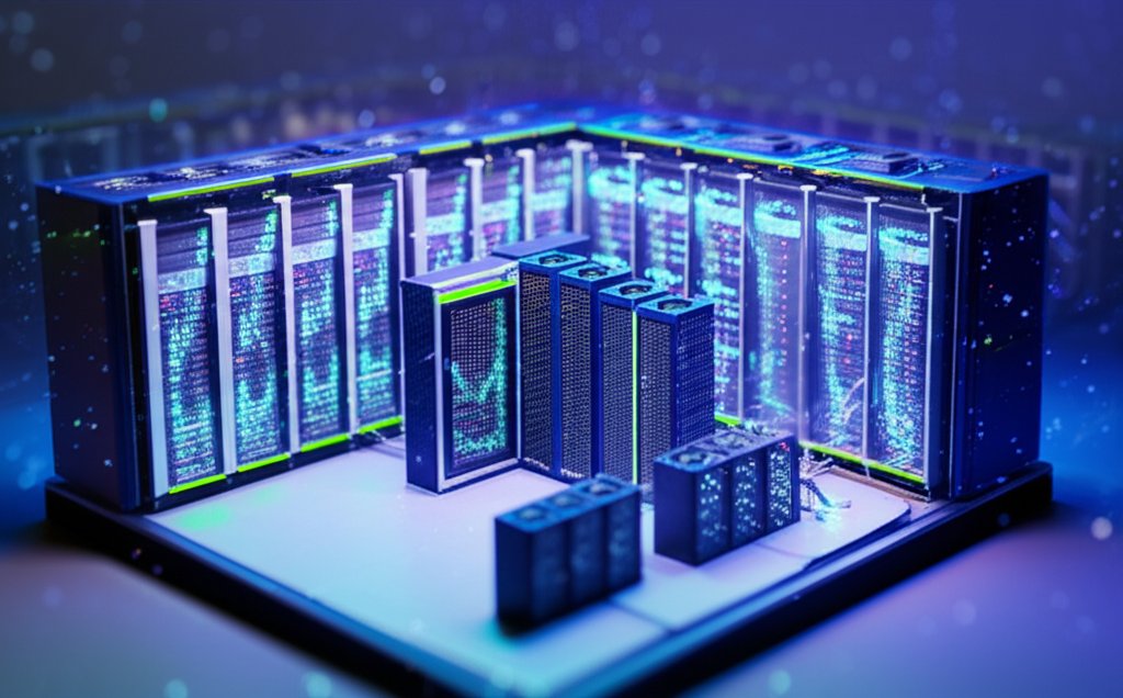 AI 데이터센터의 핵심 구성 요소인 연산, 저장, 냉각 시스템 미니어처 디오라마 스타일, 틸트시프트 효과