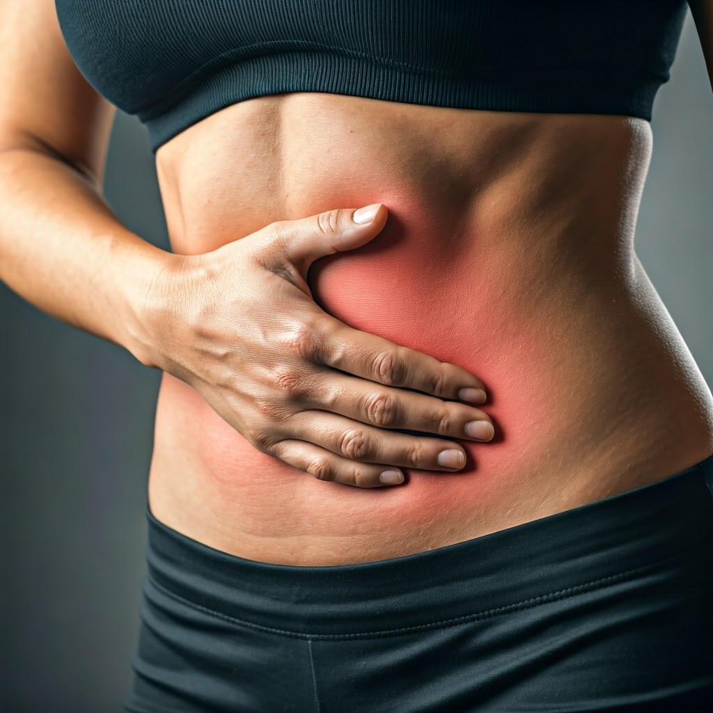 복부 통증으로 한손으로 통증부위를 만지고 있는 여성 사진