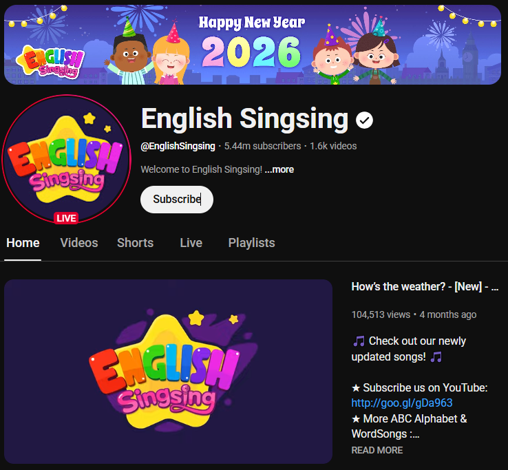 유튜브 채널 English Singsing 메인 페이지