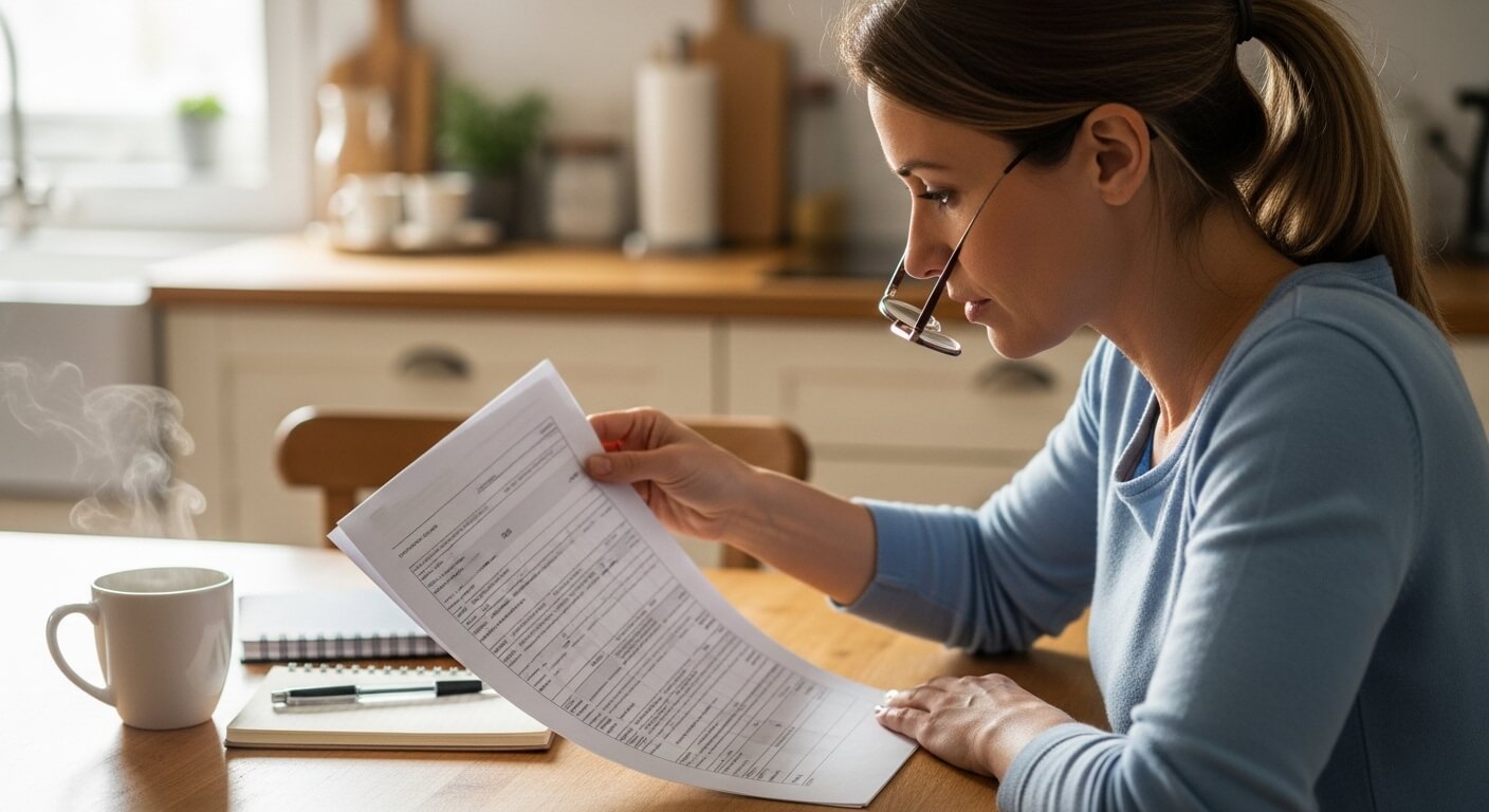 여성이 안경을 걸친 채 재산세 고지서를 검토하는 장면