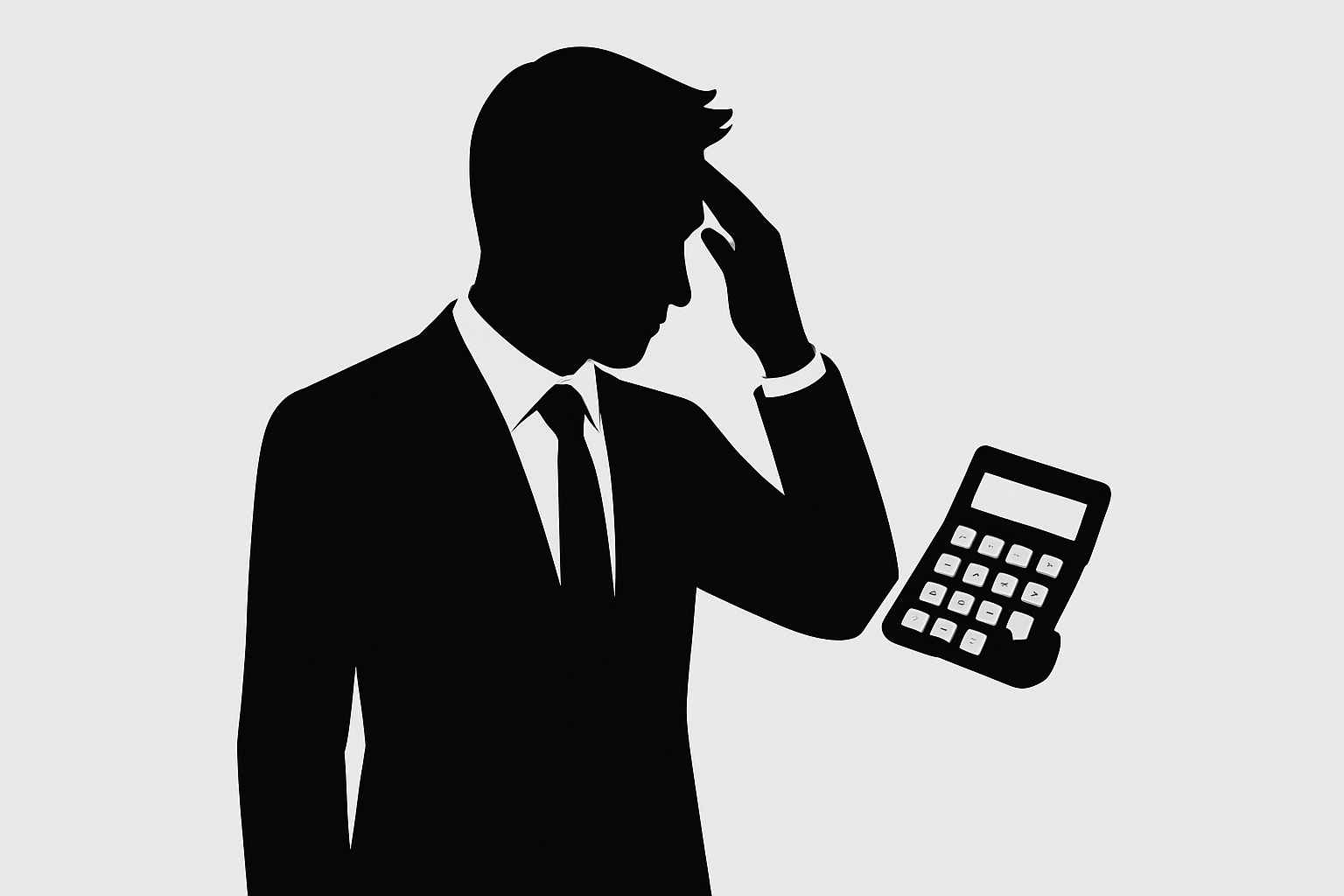 정장 차림의 남성 실루엣이 이마에 손을 얹고 계산기를 바라보며 고민하는 모습, 배경은 깔끔한 회색톤