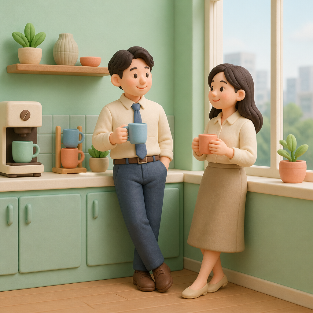 사무실 탕비실 창가에서 머그잔을 들고 쉬는 직장인들