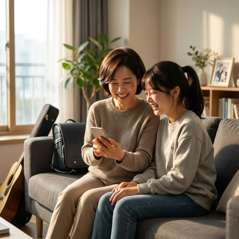 스마트폰을 함께 보며 환하게 웃고 있는 한국인 어머니와 사춘기 딸의 모습. 챗GPT로 소통의 벽을 허물고 다시 가까워진 행복한 가정의 순간을 담은 시네마틱 사진