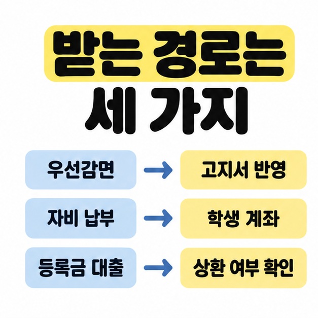 우선감면은 고지서 반영으로 자비 납부는 학생 계좌로 등록금 대출은 상환 여부 확인으로 연결한 세 가지 지급 경로
