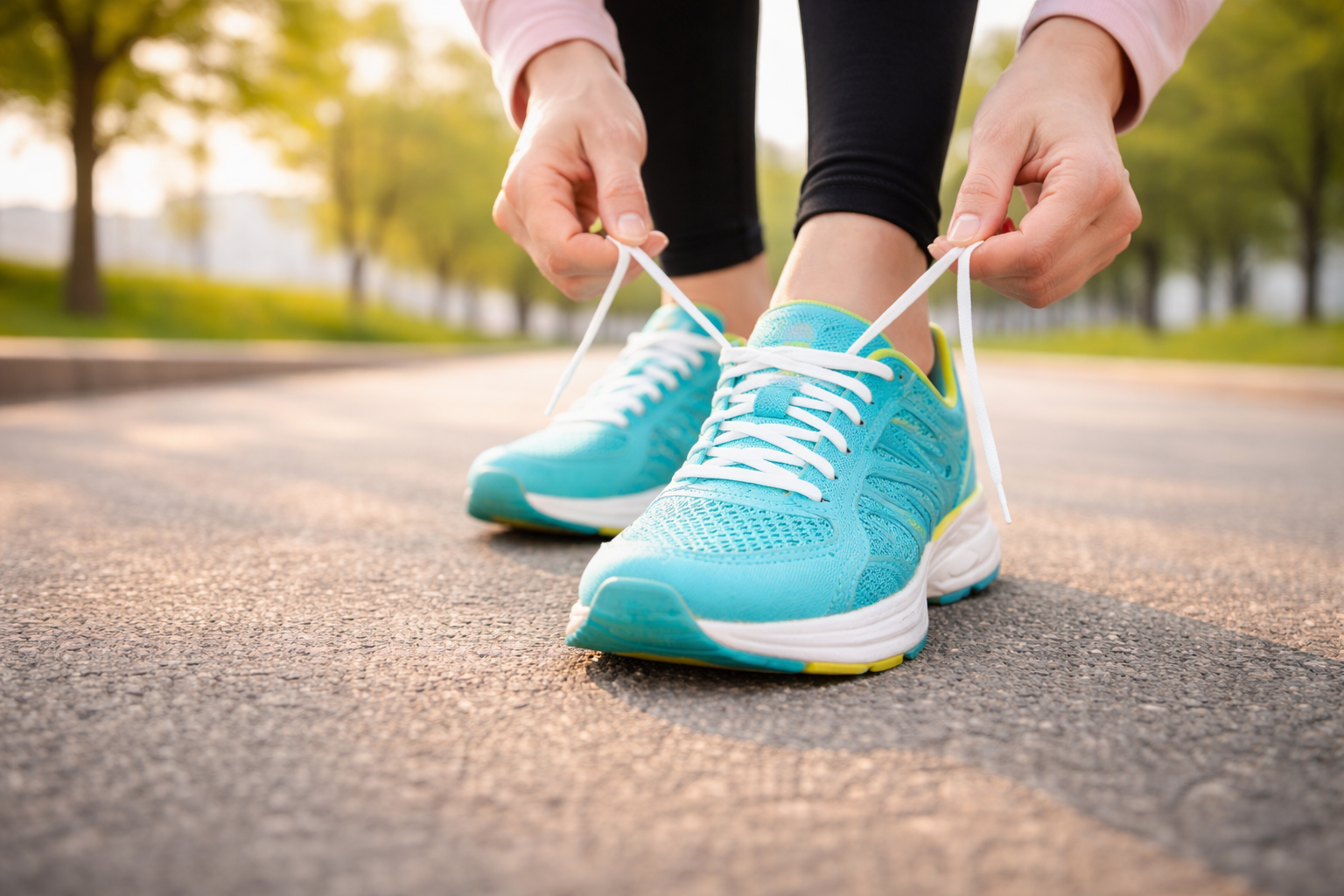 슬로우 조깅을 위해 운동화 끈을 묶으며 운동을 준비하는 모습