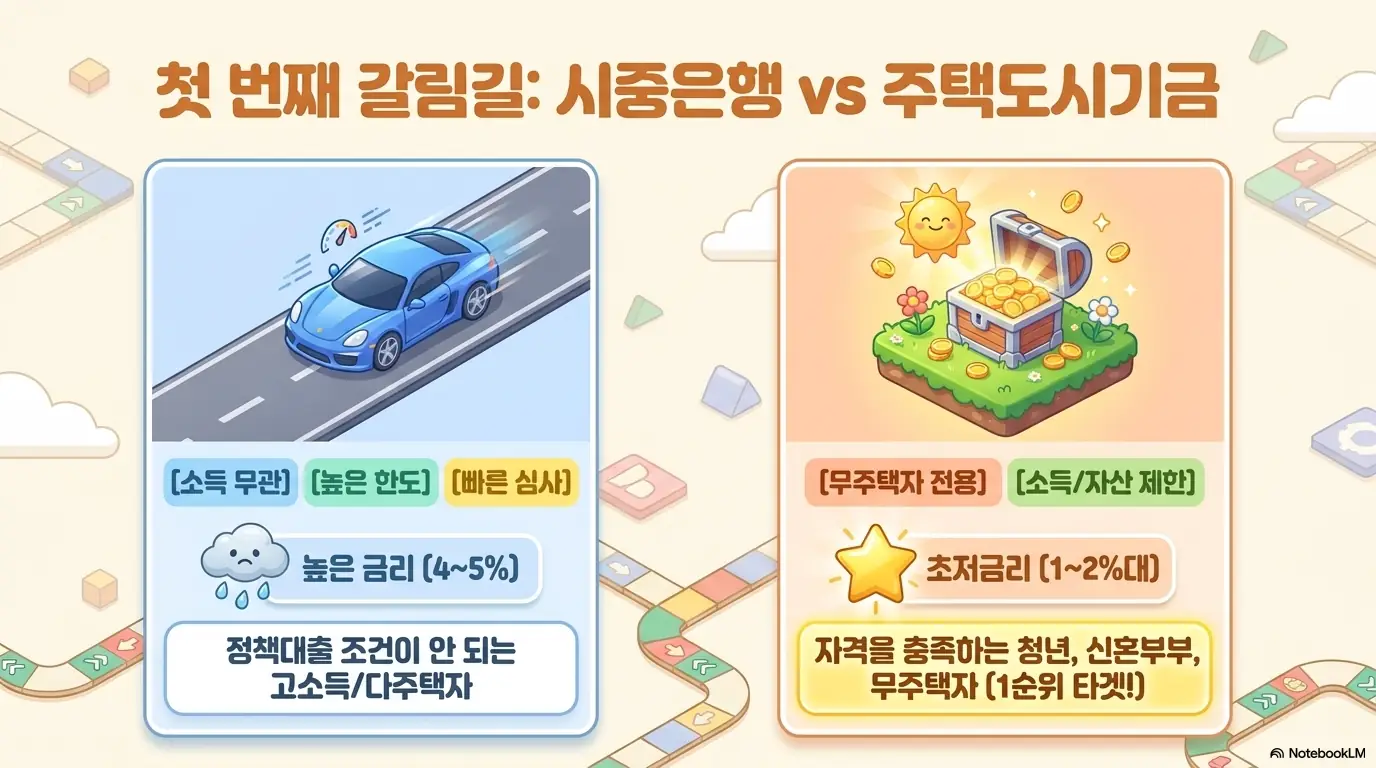 전세자금대출 금리비교: 첫 번째 갈림길로 시중은행과 주택도시기금을 비교한 이미지. 시중은행은 소득 무관&middot;높은 한도&middot;빠른 심사지만 금리 4~5%로 높고&amp;#44; 주택도시기금은 무주택자 전용에 소득&middot;자산 제한이 있으나 초저금리 1~2%대임을 보여주며 전세자금대출의 두 갈래 차이를 시각적으로 전달함