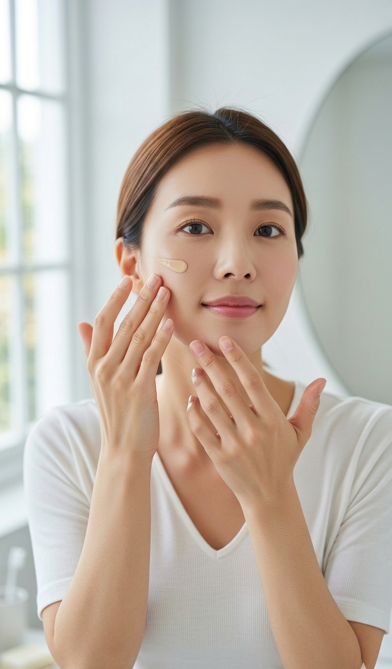 소량의 파운데이션을 퍼프가 아닌 손으로 얇게 펴 바르는 모습