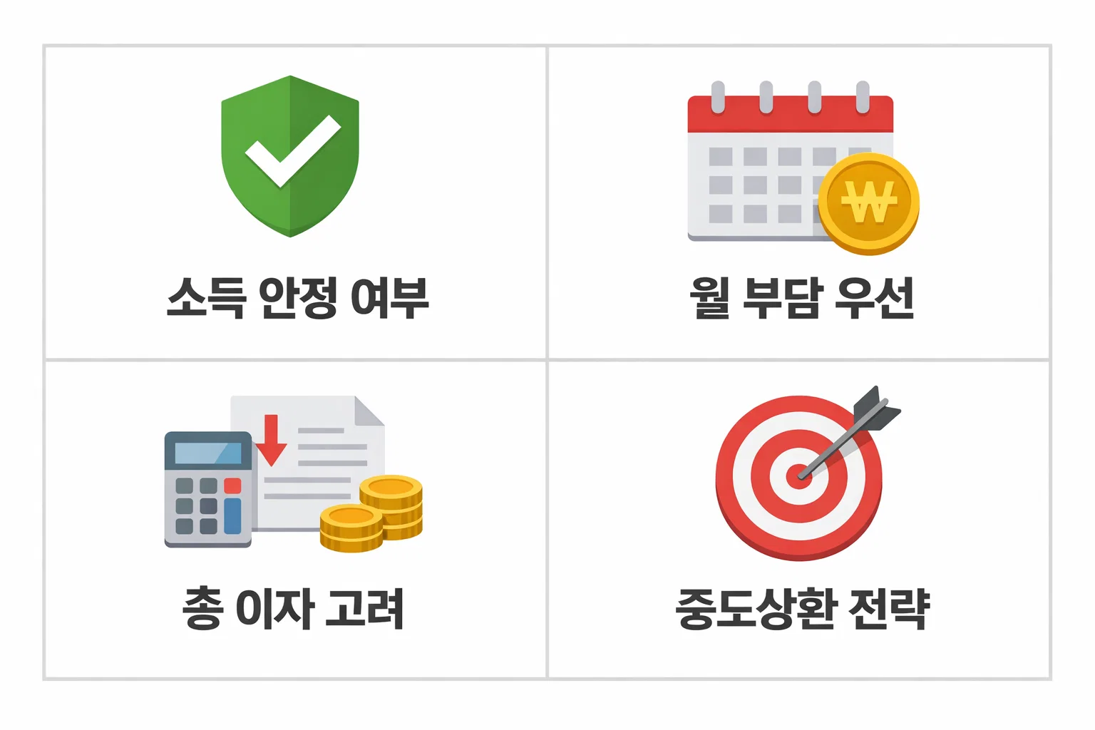 보금자리론 대출기간 선택 시 소득 안정 여부·월 부담 우선·총 이자 고려·중도상환 전략을 정리한 판단 기준 이미지