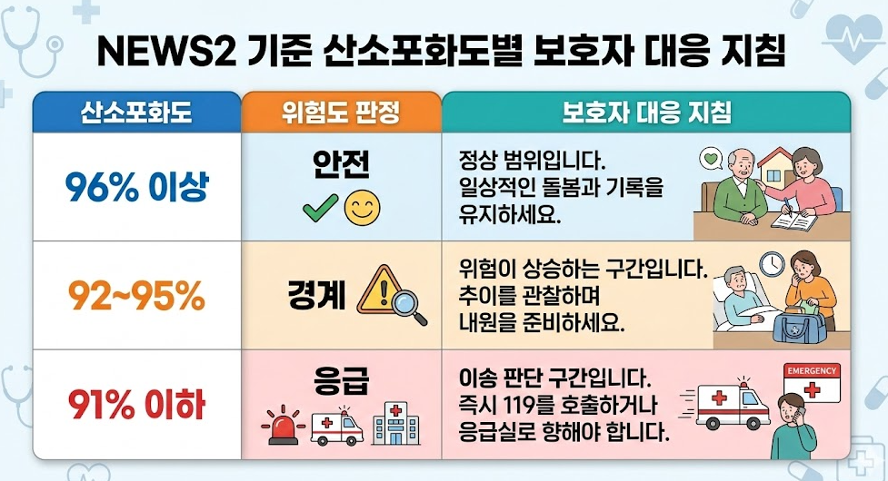NEWS2 기준 산소포화도 수치별 보호자 대응 지침 표, 96% 이상 안전&middot;92~95% 경계&middot;91% 이하 응급 이송 구간 설명