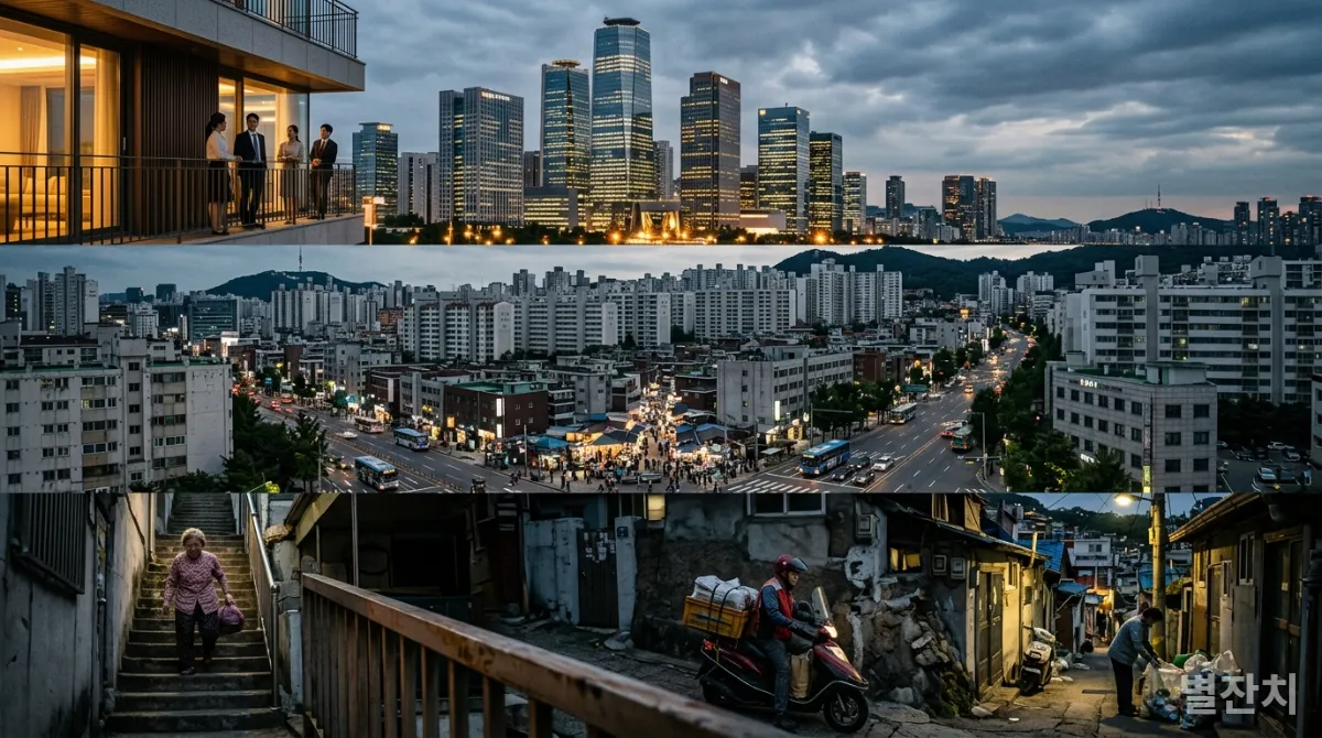 2026년 한국의 E자형 경제 양극화와 중산층 소비 위축을 상징하는 모습