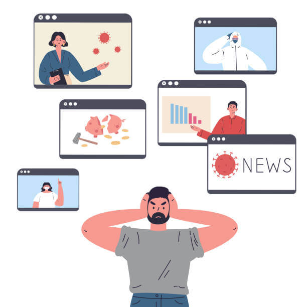 sns중독으로 디지털디톡스가 필요한 상태의 남성 일러스트