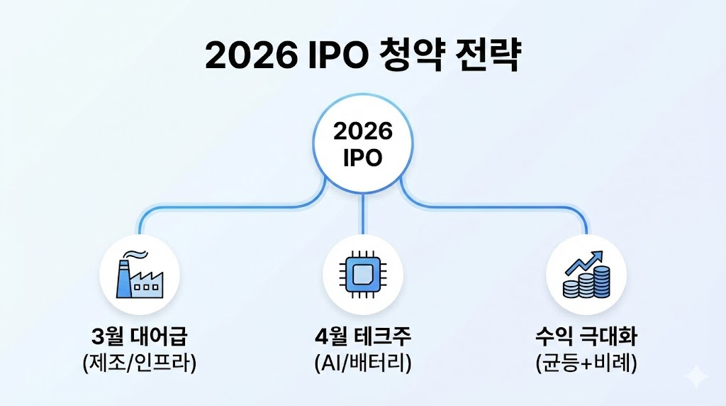 2026년 IPO 청약 전략을 3월 대어급, 4월 테크주, 수익 극대화로 정리한 인포그래픽