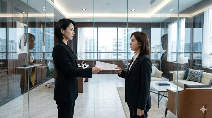 차은경이 한유리에게 서류를 건네며 차갑게 지시하지만 눈빛은 흔들리는 장면