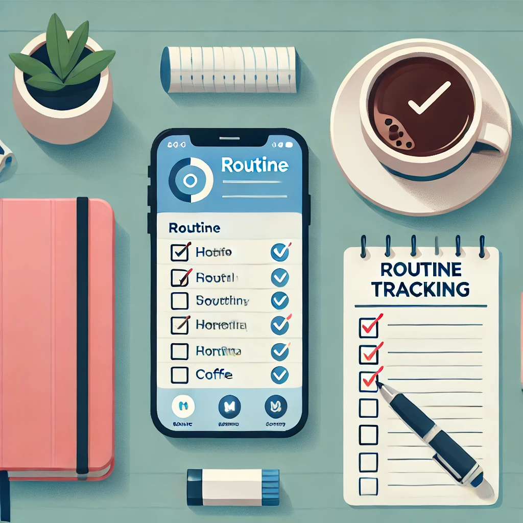 A illustration showing a routine tracking app interface on a smartphone