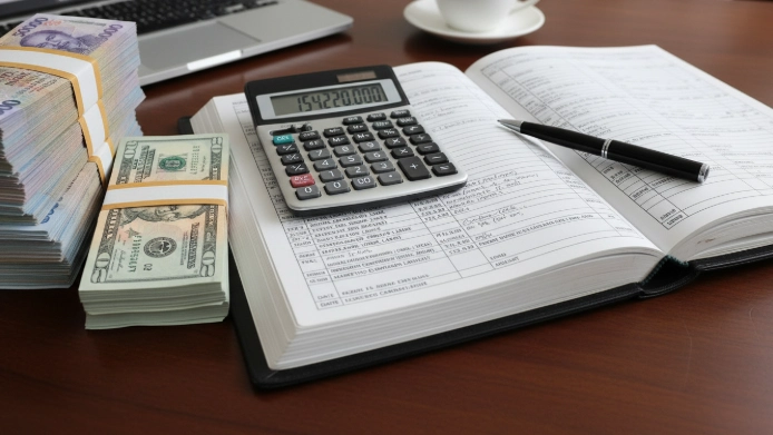 2025년 하노이 식당 창업 예산을 나타내는 베트남 동과 달러 지폐, 계산기가 놓인 테이블.