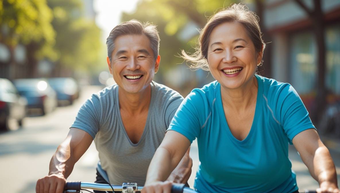강하고 활기찬 모습의 50대 남녀가 야외에서 환하게 웃으며 자전거를 타는 활동적인 모습.