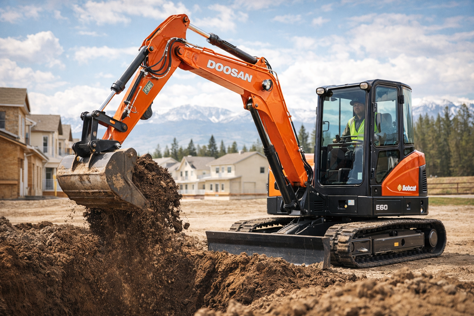 Doosan Bobcat excavator working in a North American construction site.