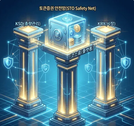 STO 토큰증권: 한국예탁결제원(KSD), 코스콤, 한국거래소(KRX)가 구축하는 안전한 토큰증권 인프라를 상징하는 이미지.