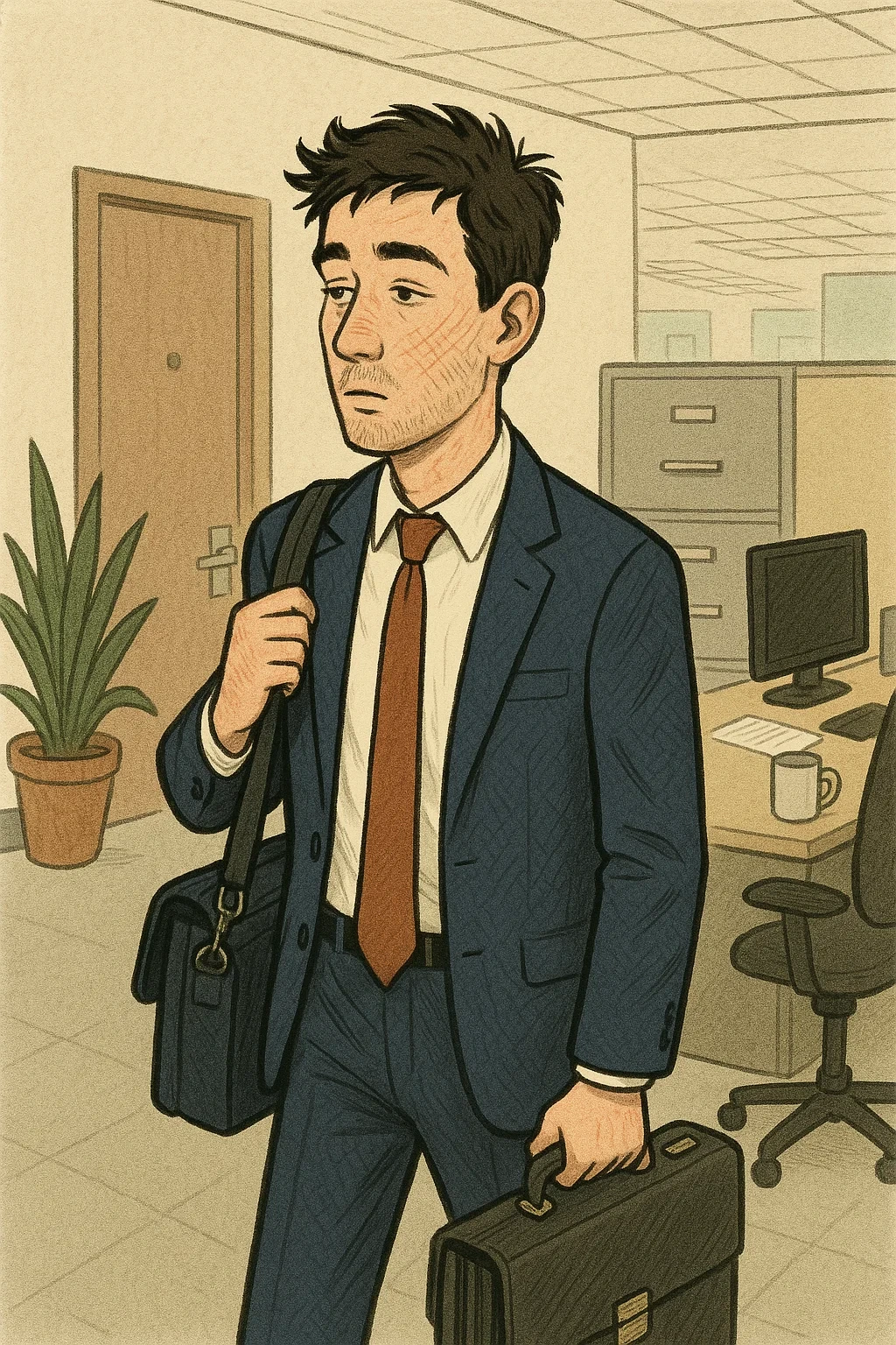 출근한 남자의 얼굴에 여전히 배개 자국이 보인다.