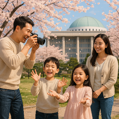 여의도 윤중로 벚꽃길을 걷는 한국인 가족, 맑은 봄 하늘 아래 풍경