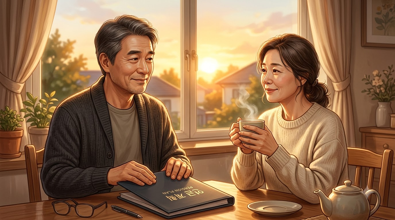 노을 지는 창가에서 연금 수령 계획표를 덮고 미소 짓는 50대 부부