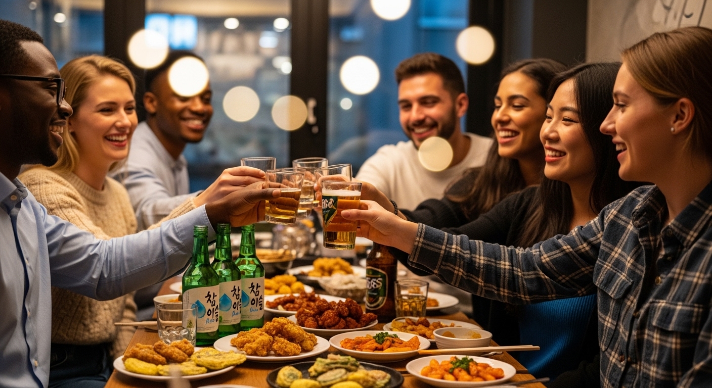 Diverse group of friends clinking somaek glasses and enjoying various anju dishes in a lively Korean pub.
