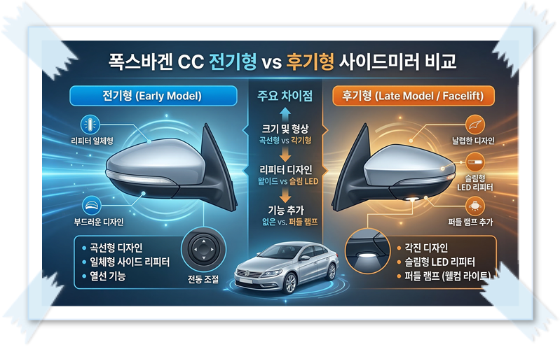폭스바겐 CC 연식별 사이드미러 외관 비교 — 전기형(좌)과 후기형(우)