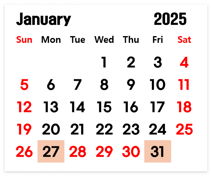 2025년 1월 달력