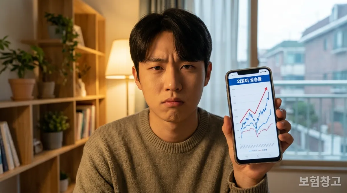 스마트폰으로 의료비 그래프를 보며 고민하는 20대 한국인 남성의 모습