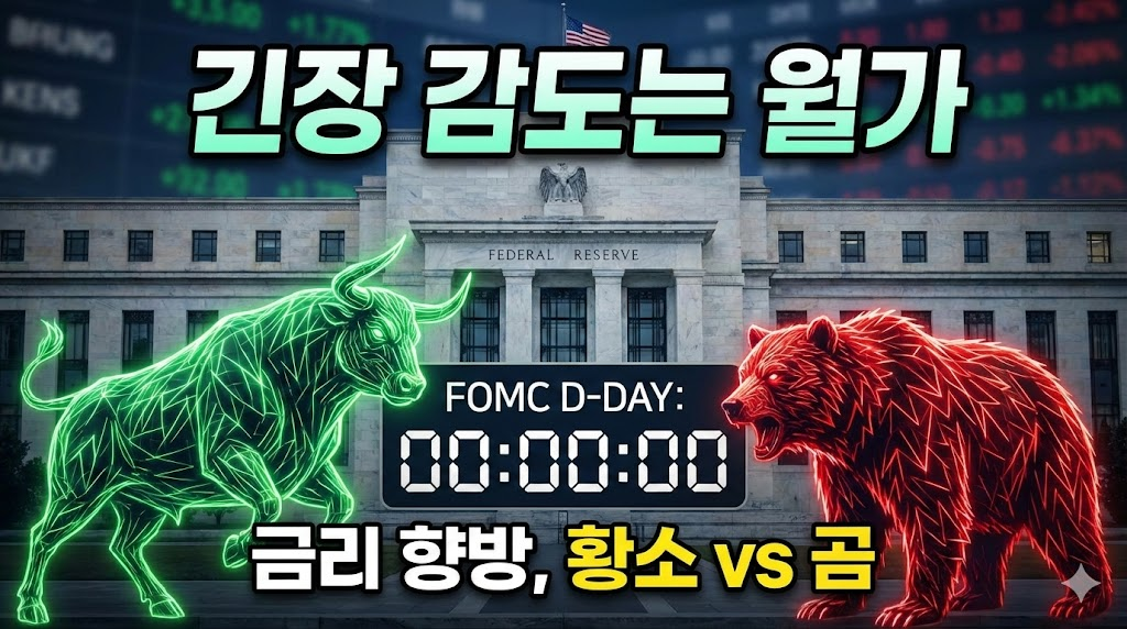 연준(Fed) 건물 앞에서 상승장을 상징하는 황소와 하락장을 상징하는 곰이 팽팽하게 대치하고 있습니다. 중앙의 카운트다운 시계는 FOMC 결과 발표가 임박했음을 알리며 긴장감을 고조시킵니다. "긴장 감도는 월가", "금리 향방, 황소 vs 곰"이라는 문구를 타이포그래피로 강조하여 독자의 클릭을 유도합니다.