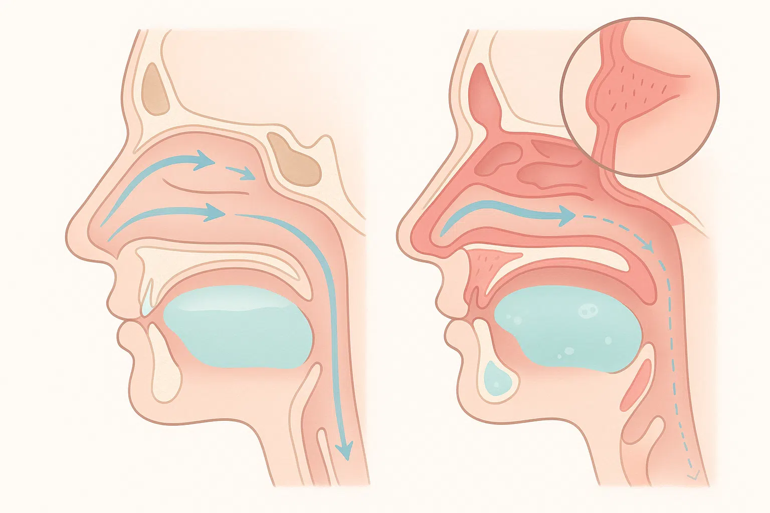 코 내부 부비동 단면 구조를 보여주며 점막 부종으로 통로가 막히는 과정