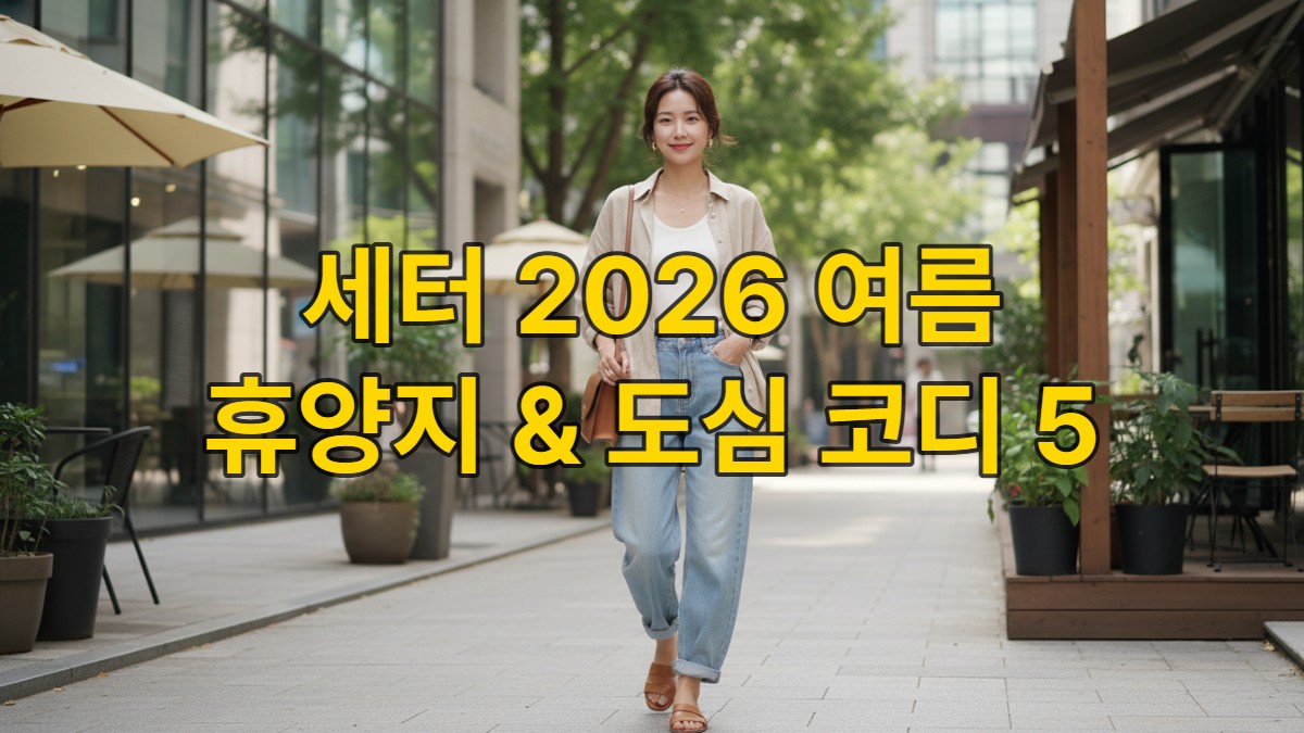 2026년 여름, 세터의 베이지 린넨 셔츠와 와이드 데님을 매치한 여성이 도심 속에서 여유롭고 세련된 바캉스룩을 선보이는 모습.