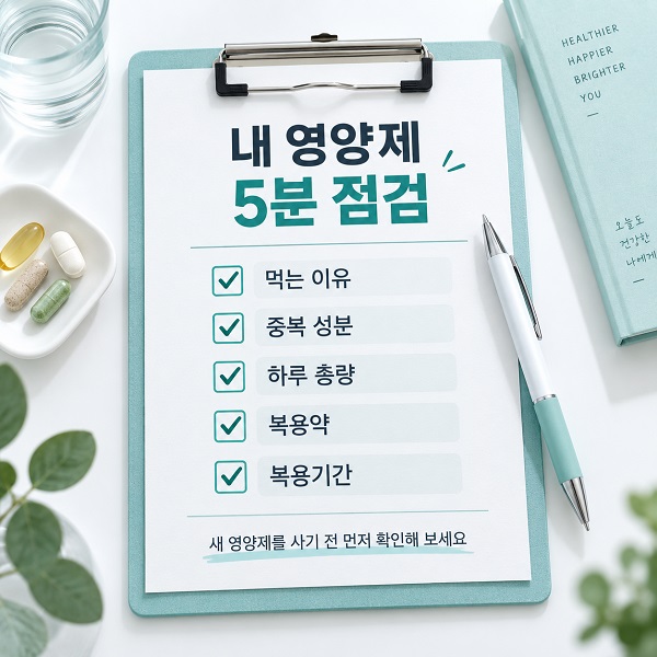 영양제를 먹는 이유 중복 성분 하루 총섭취량 복용약 복용기간의 다섯 가지 확인 항목을 정리한 인포그래픽