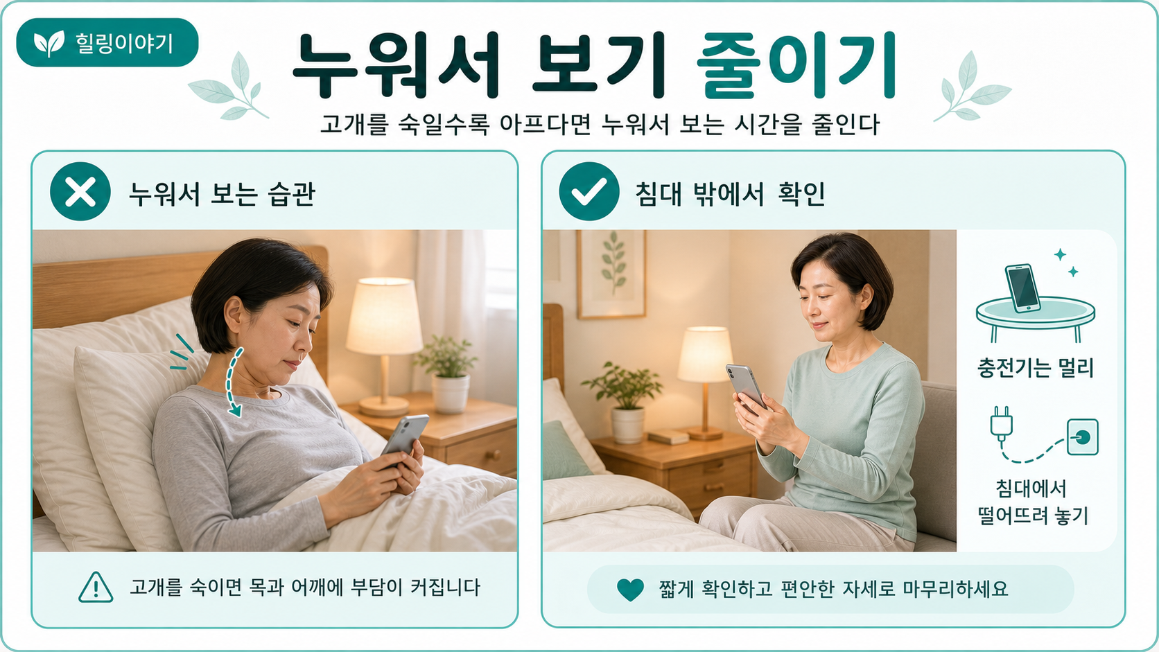 누워서 스마트폰을 볼 때 목이 접히는 자세와 침대 밖에서 확인하는 습관을 비교한 이미지