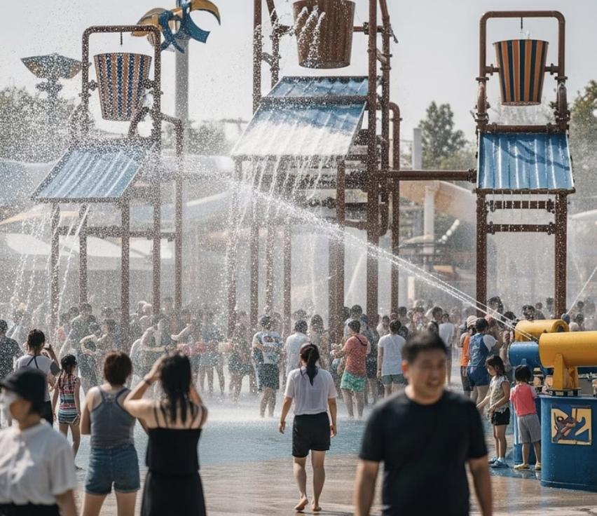 서울랜드 워터워즈 2025 축제 가이드 - 물총 대전과 크라켄 아일랜드 물놀이 시설을 즐기는 가족들의 모습