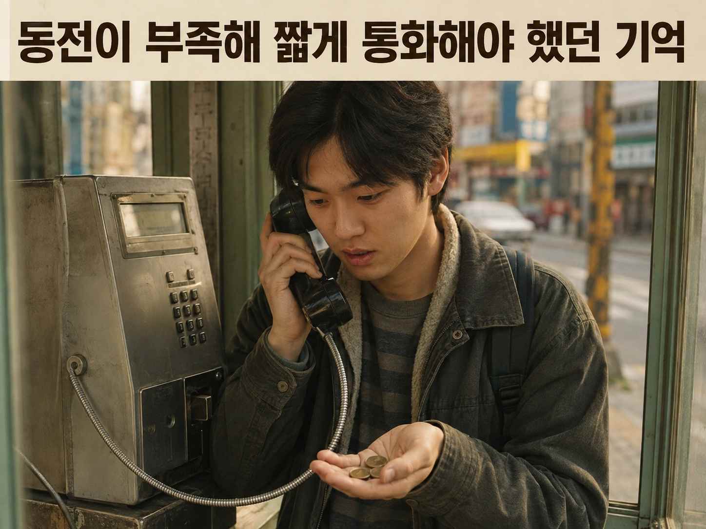 오래된 공중전화 옆에 여러 개의 동전이 놓여 있는 모습
