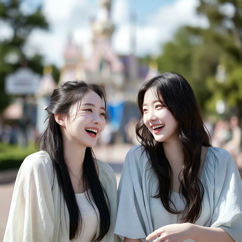 20여성 2명이 에버랜드에서 웃으며 즐거워 하는 모습
